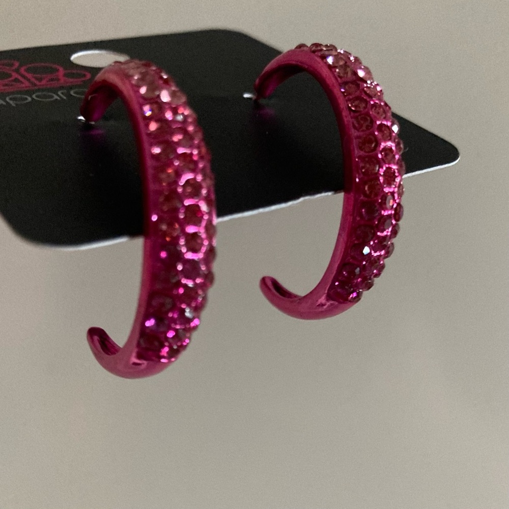 NEW Paparazzi Pink Rhinestone Hoops - Picture 6 of 14